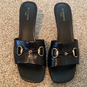 Liz Claiborne Flex black slide sandals with gold detail, size 8